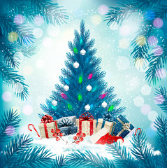Christmas holiday background with a lantern and a colorful gift boxes. Vector