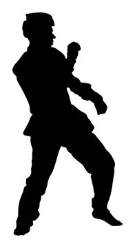 Taekwondo fighter vector silhouette illustration isolated. Sparring on training action. Self defense, defence art exercising concept. Warrior in the martial arts battle. Combat fight competition.
