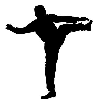 Taekwondo fighter vector silhouette illustration isolated. Sparring on training action. Self defense, defence art exercising concept. Warrior in the martial arts battle. Combat fight competition.