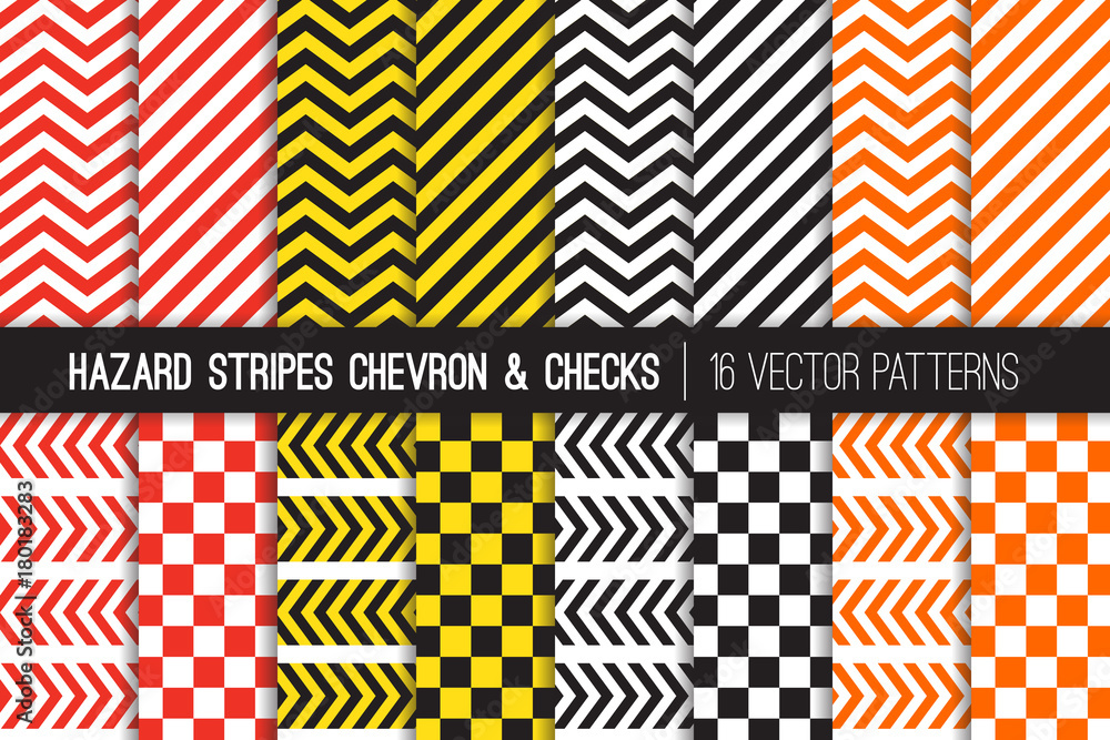 Wall mural hazard stripes, chevron and checkerboard vector patterns. barricade tapes. caution warning sign back - Wall murals