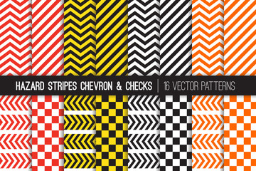 Hazard Stripes, Chevron and Checkerboard Vector Patterns. Barricade Tapes. Caution Warning Sign Backdrops. Brightly Colored Attention Catching Backgrounds. Repeating Pattern Tile Swatches Included. - 180183283