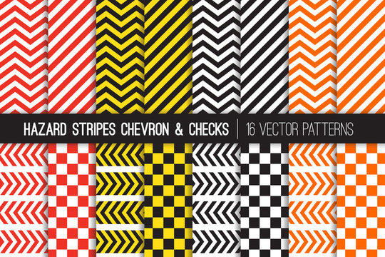 Hazard Stripes, Chevron and Checkerboard Vector Patterns. Barricade Tapes. Caution Warning Sign Backdrops. Brightly Colored Attention Catching Backgrounds. Repeating Pattern Tile Swatches Included.