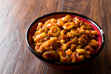 Sliced Green Olive Salad with Chili Sauce.