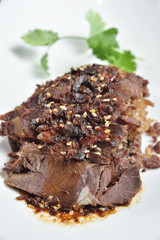 Close up of sliced braised beef shank  
