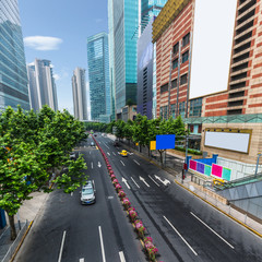 city road through modern buildings in beijing.