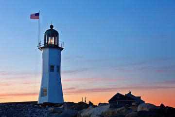 Old Scituate Lighthouse after Sunset, Scituate, Massachusetts, USA. The Lighthouse also known simply as Scituate Light is a historic lighthouse located on Cedar Point in Scituate, Massachusetts.