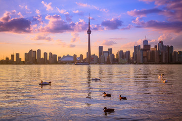 View of Toronto city from Central Island during sunset
