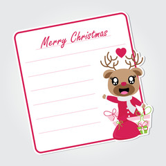 Cute reindeer girl with Xmas gift vector cartoon illustration for Christmas card design, wallpaper and greeting card 