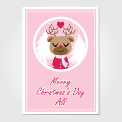 Cute reindeer girl enjoy snow fall on circle frame vector cartoon illustration for Christmas card design, wallpaper and greeting card 