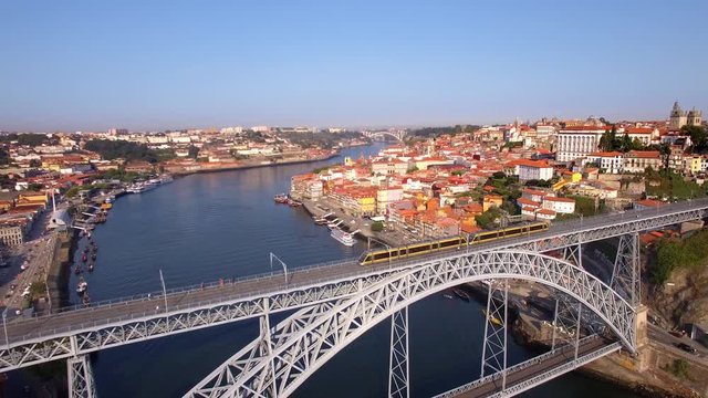 Porto, Portugal, aerial view of old town and Dom Luis Bridge over the Douro river.