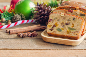 Homemade delicious soft and moist rum fruits cake or Christmas fruits cake with rich dried fruit...