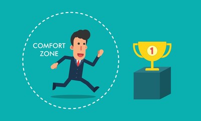 Businessman run penetrate the comfort zone into golden trophy simple cartoon character vector illustration in flat modern design isolated in turquoise background