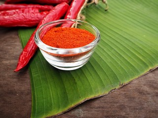Chili powder on banana leaves background