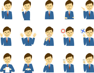 サラリーマン 働く人 新入社員 男性 表情 ジェスチャー セット
