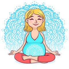 Pregnant blond woman in lotus position against mandala background. Cute cartoon style. Vector illustration.