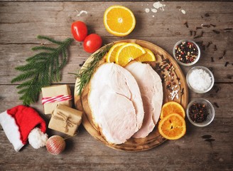Baked honey ham with christmas decorations