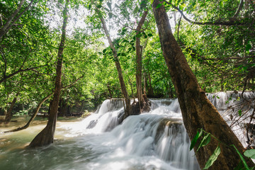 Fototapeta premium Beautiful Huai Mae Khamin waterfall in the rainy season, Kanchanaburi Province, Thailand.