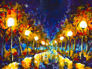 Original expressionism oil painting evening park cityscape, beautiful reflection on wet asphalt on canvas. Abstract violet-orange lonely night park. Palette knife artwork. Impressionism. Art. - obrazy, fototapety, plakaty