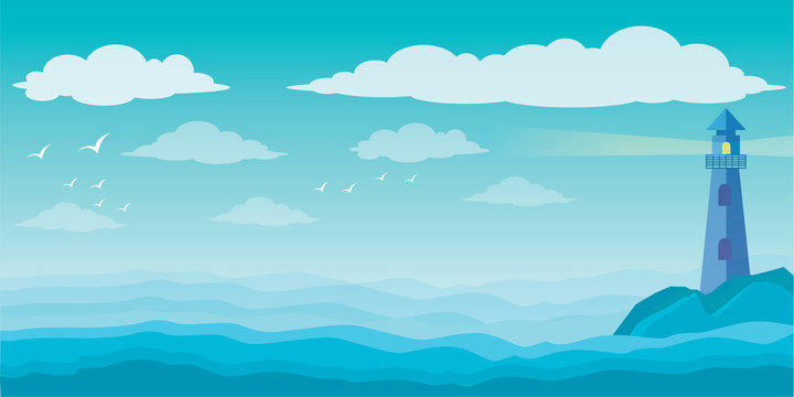 Sea and clouds, bird in the sky, sky, sea, scene, beautiful, background, water, nature, pattern, cloudscape, cartoon, landscape, ocean, vector illustration