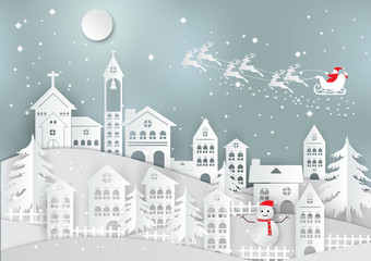 Winter holiday with home and Santa Claus background. Christmas season. vector illustration paper art style