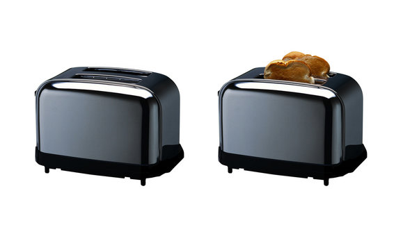 Black toaster with and without bread isolated on white background with clipping mask.