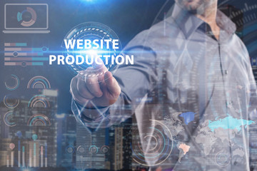 Business, Technology, Internet and network concept. Young businessman working on a virtual screen of the future and sees the inscription: Website production