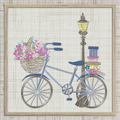 Fototapeta na wymiar Bicycle Embroidery with pink flowers in basket. Vector embroidery ideas, ornament for textile, fashion, fabric pattern. Linen cloth texture. Hoop art
