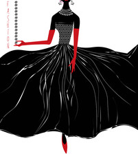 vector illustration with a fashion style woman in evening black dress and long red gloves