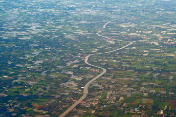 top view river. Aerial  view from airplane of river