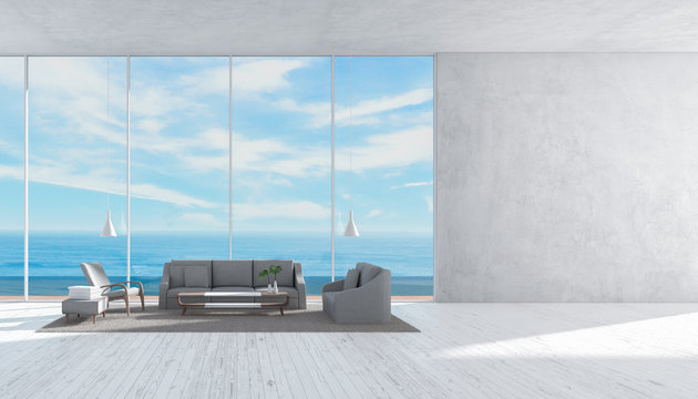 Modern interior living room wood floor sofa set sea view summer 3d rendering