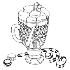 Glass cup with coffee and marshmallow. Christmas decoration. Adult Coloring book page. Hand-drawn vector illustration. Black and white Pattern for coloring book. Zentangle.