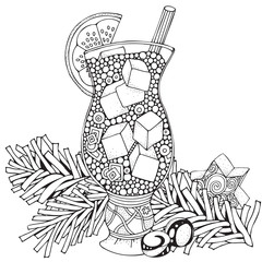 Glass cup with lemonade and ice pieces. Adult Coloring book page. Christmas decoration. Hand-drawn vector illustration. Black and white Pattern for coloring book. Zentangle.