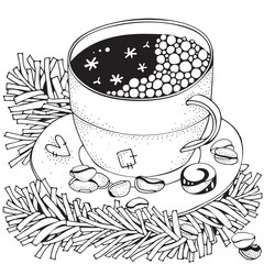 Cup with hot coffee. Adult Coloring book page. Christmas decoration. Coffee beans. Hand