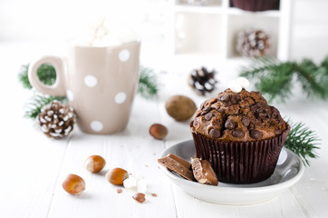 Christmas chocolate muffin and cocoa.
