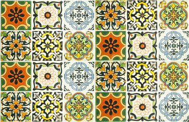 Colorful vintage ceramic tiles wall decoration.Turkish ceramic tiles wall background