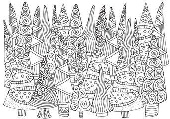 Pattern for coloring book of Christmas trees, hand-drawn decorative elements in vector. A4. Fancy Christmas trees. Black and white pattern. Zentangle