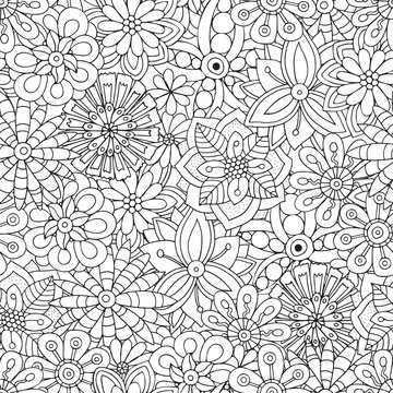 Seamless Pattern for adult coloring book. Flowers. Ethnic, floral, retro, doodle, vector, tribal design element. Black and white background.