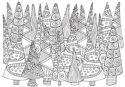 Pattern for coloring book of Christmas trees, hand-drawn decorative elements in vector. A4. Fancy Christmas trees. Black and white pattern. Zentangle