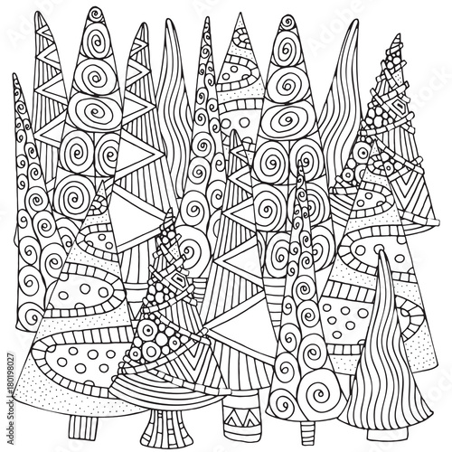 Pattern For Coloring Book Of Christmas Trees Hand Drawn Decorative Elements In Vector