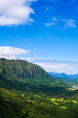 View of the winward side of Oahu from the Pali lookout in nuuanu (Nu'uanu) Hawaii. Nuuanu pali lookout is a viewing stand in the northeastern part of Oahu, Hawaii, USA
