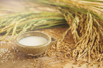 Rice milk and rice seeds on wooden table background