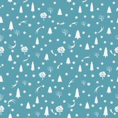Winter seamless pattern. Christmas tree and snowflakes on a blue background. Vector illustration