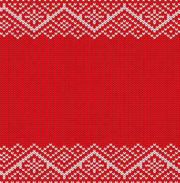 Knitted red christmas geometric ornament. Winter seamless knit background with empty place for your text.