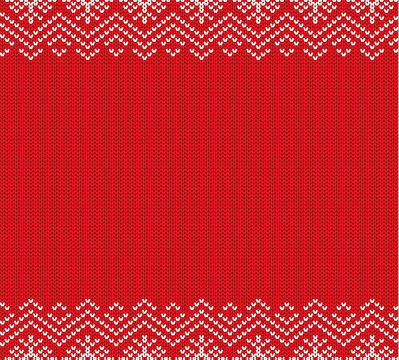 Holiday knitted red ornament design with empty space for text. Christmas seamless pattern.