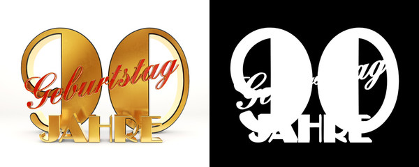 Number ninety years (90 years) celebration design. Anniversary golden number template elements for your birthday party. Translated from the German - years. 3D illustration