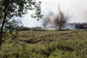 Explosion in the forest, September 24, 2017 in Russia, Leningrad region, Neva heel, reconstruction of the Second World War near the Neva River.
