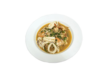 fried squid basil in white plate