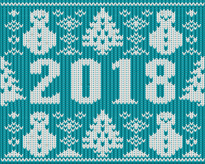 Fototapeta na wymiar Merry Christmas and New 2018 Year knitted card, vector illustration