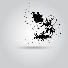 Silhouette of Santa Claus in a sleigh with deer flying in the sky with stars, with a bag of gifts.  Vector.