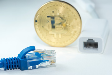 close up of Bitcoin money mining connect Internet Network